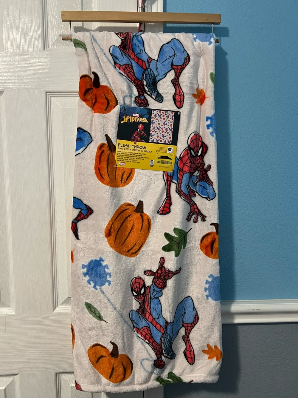 Spiderman White Plush Throw Blanket with Orange Pumpkin & Blue Accents